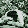 a man slumped on his desk, from 'The Sleep of Reason Produces Monsters'